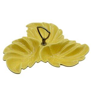 California Pottery Yellow Divided Leaf Serving Dish Brass Handle Vintage MCM